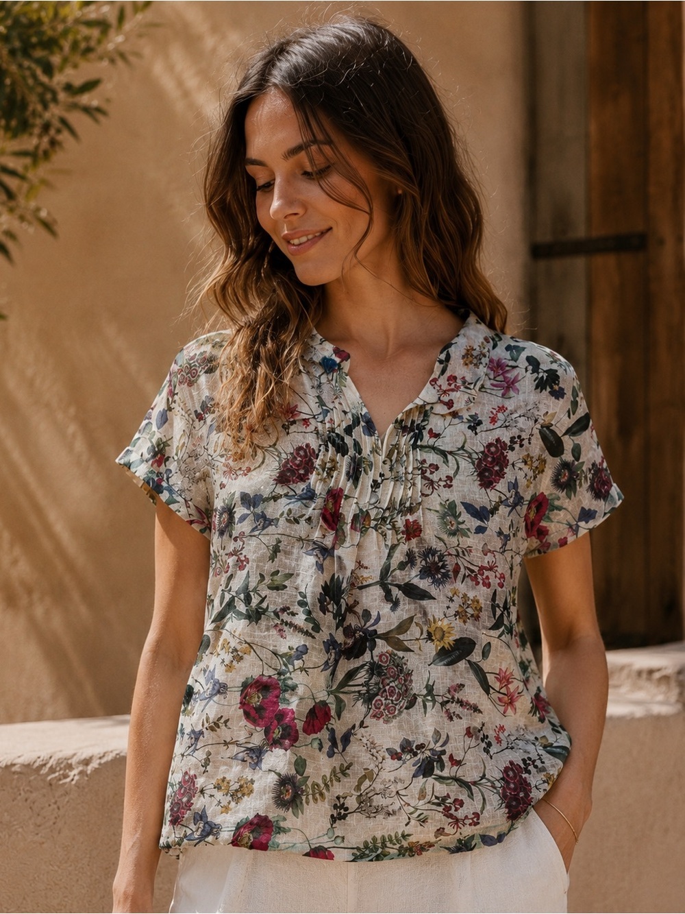 Yuvita 100% Linen Floral Botanical Pleated Blouse Top L Cottagecore